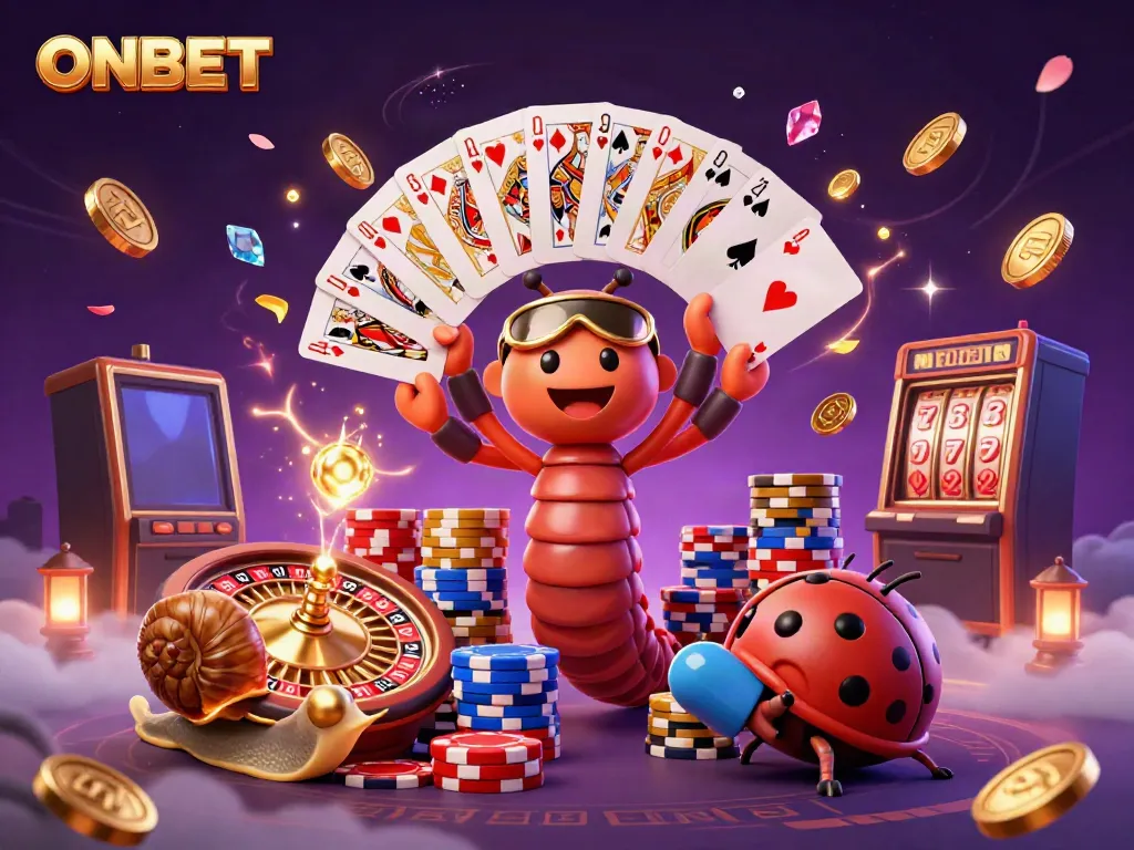 Experience thrilling gameplay with ONBET as cartoon characters come alive in a vibrant casino scene.