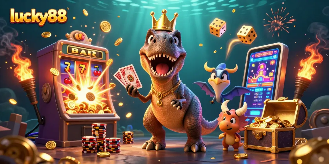 Spin to win with lucky88 as colorful slots, cards, and golden chips create an exciting casino scene.