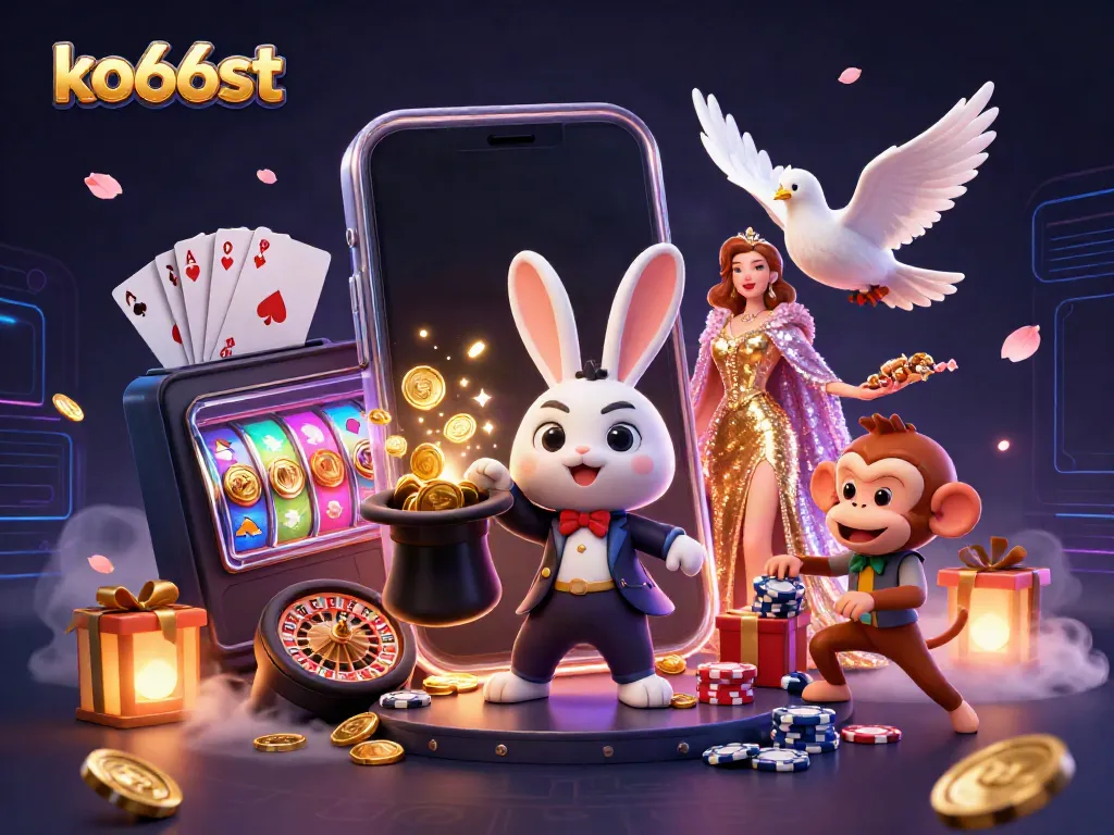 Watch the ko66st magician rabbit conjuring coins in a vibrant casino scene filled with games.