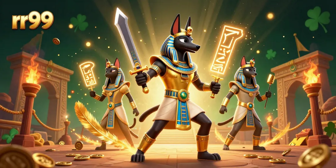 Experience thrilling gameplay with rr99, featuring Anubis and Bastet amidst gold coins and vibrant symbols.