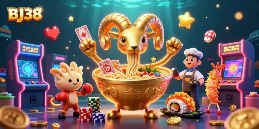 Engage with BJ38 at this vibrant casino-themed digital rendering featuring animated characters and game elements.