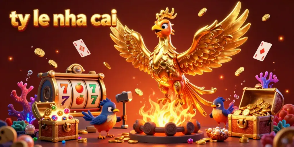Experience the thrill of ty le nha cai with a golden phoenix rising amid casino symbols and treasures.