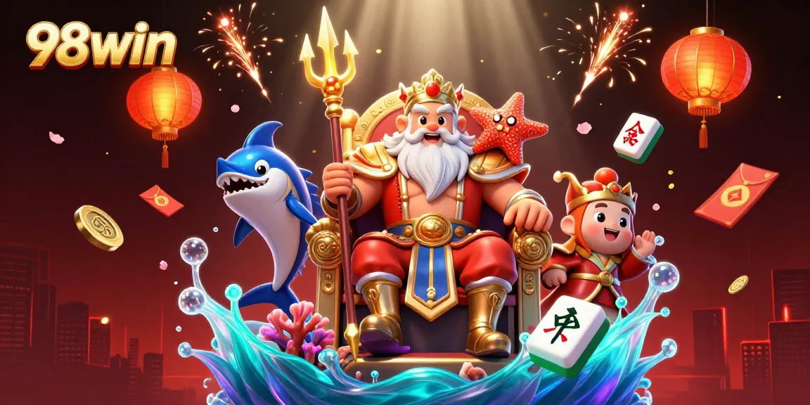 Experience the excitement of 98win with Neptune and vibrant casino-themed elements in this vibrant illustration.