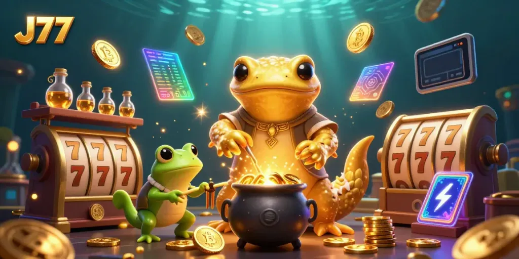 Experience thrilling casino moments with J77 through a dynamic illustration of alchemy and gaming.
