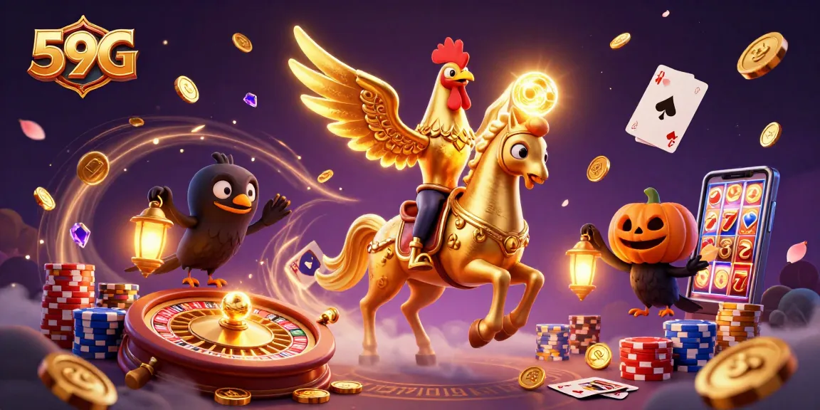 Experience winning at 59G with a golden rooster, slots, and casino excitement in a vibrant setting.