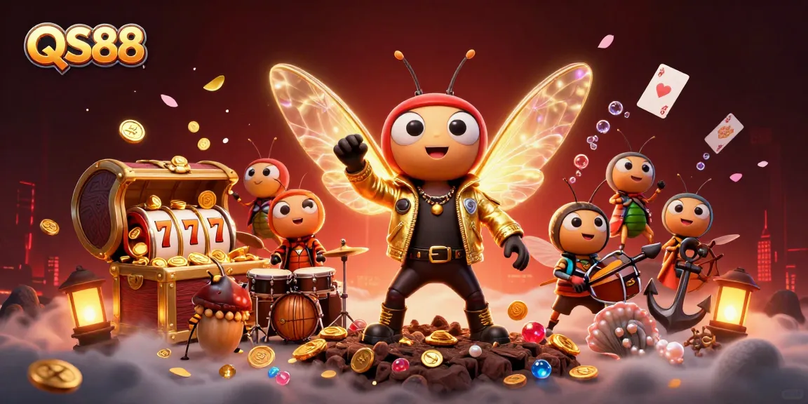 Spin to win with QS88 in this vibrant casino-themed 3D illustration featuring lively characters.