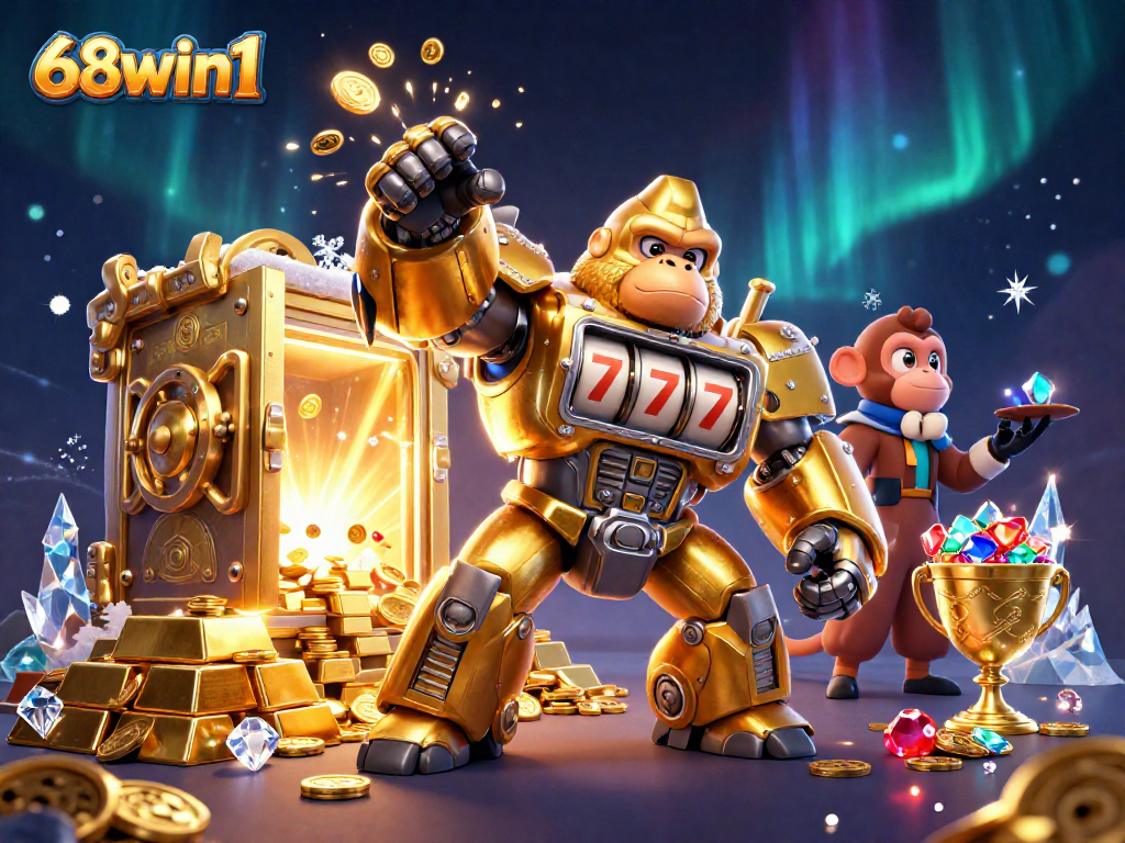 Experience the excitement of 68win1 with a golden mech, spinning reels, and treasures bursting around!