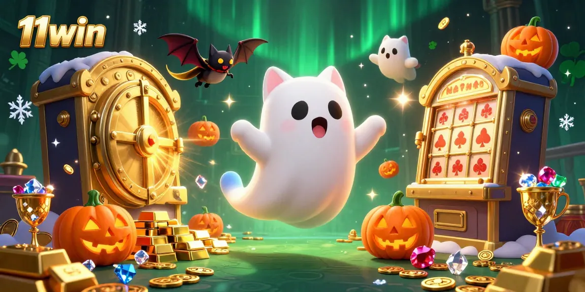 Bet on thrilling jackpots with 11win, featuring a ghost cat in a vibrant casino scene.
