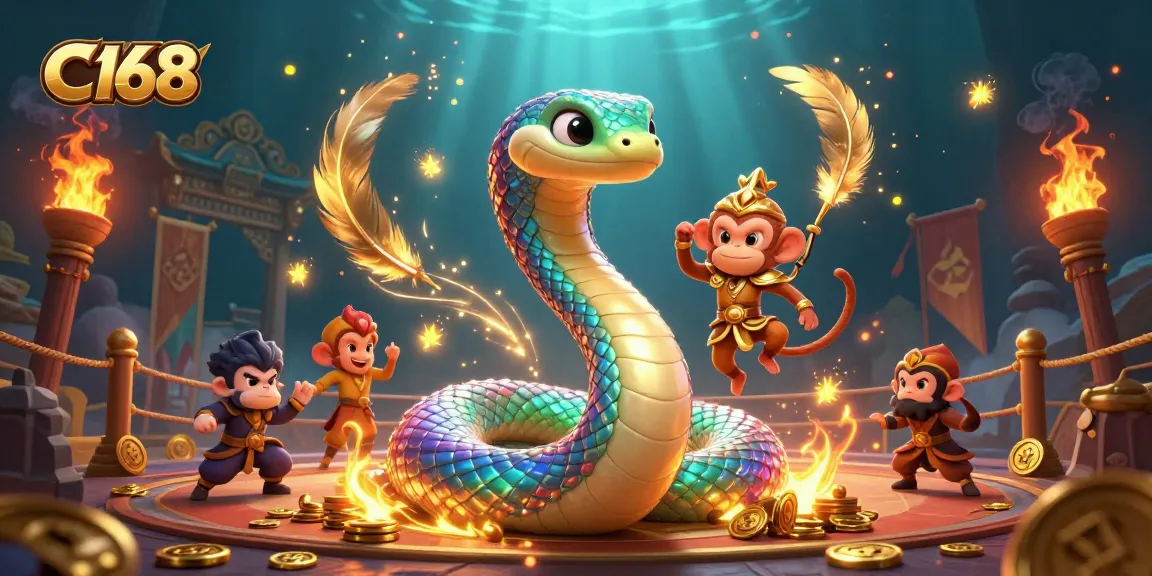 C168 engages players in a vibrant casino adventure full of colors, fire, and gold, featuring a playful monkey king and a mystical serpent.