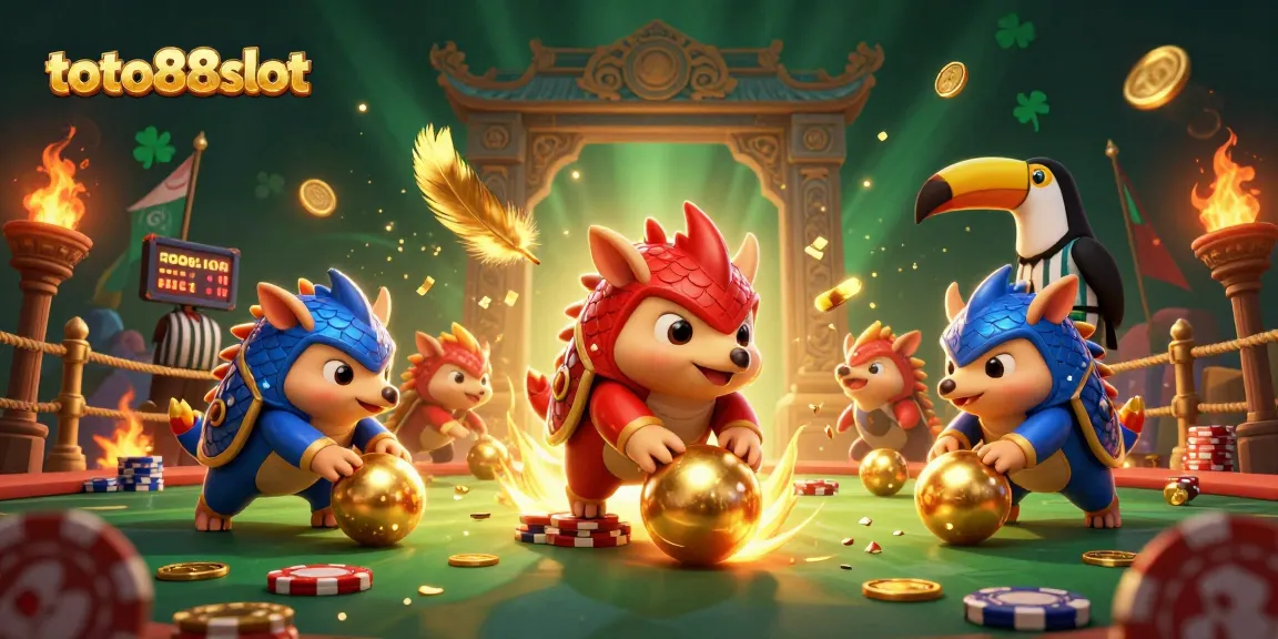 Engage in thrilling action with toto88slot as pangolins roll gold balls in a vibrant casino arena.