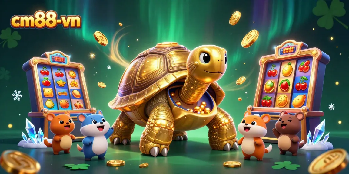 Experience thrilling gameplay at cm88-vn with a golden tortoise slot machine and excited players.