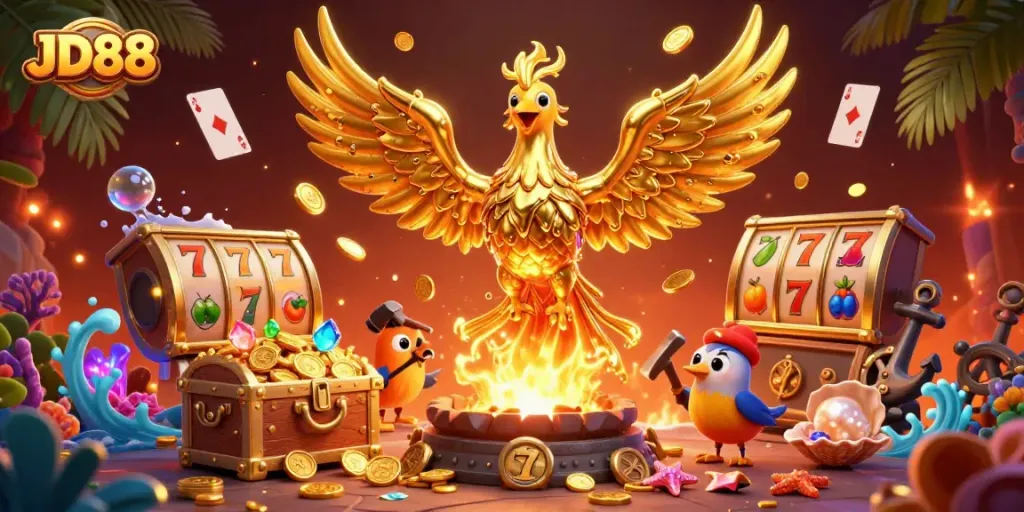 Play exciting games at JD88, featuring vibrant golden phoenix and rich casino elements.