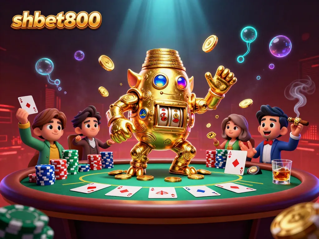 Engage in shbet800's thrilling gaming experience with a golden golem and poker elements.