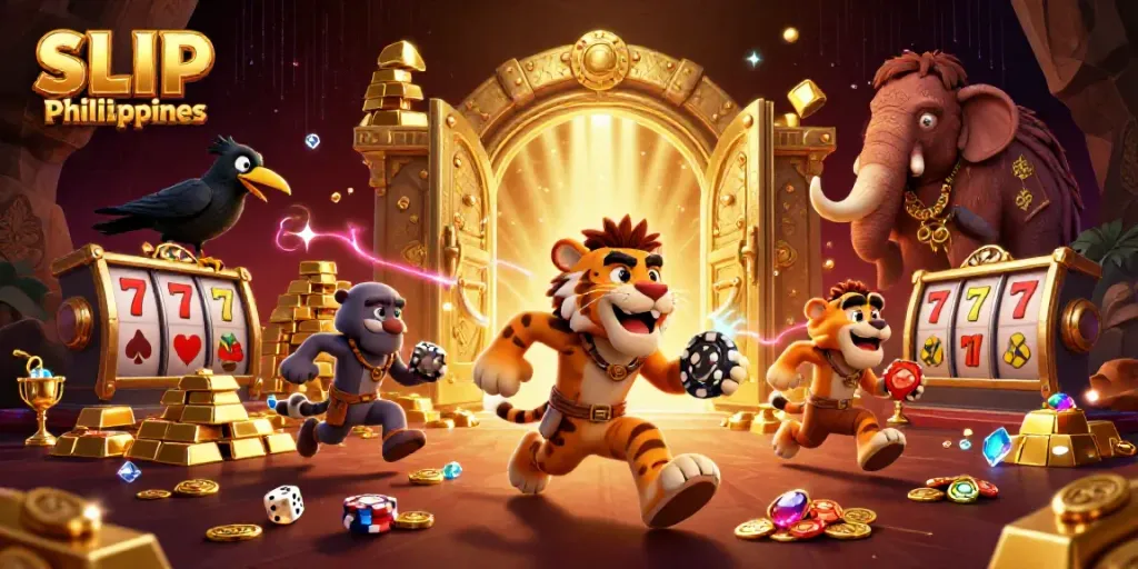 Experience SLVIP Philippines’ animated casino adventure with colorful characters and gambling treasures.