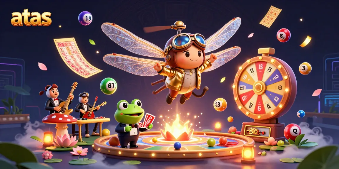 Experience excitement at atas casino with a vibrant 3D scene showcasing a dragonfly pilot, frog dealer, and lively jazz band.
