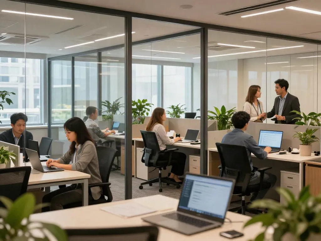Modern workspace with glass partitions promoting collaboration and creativity