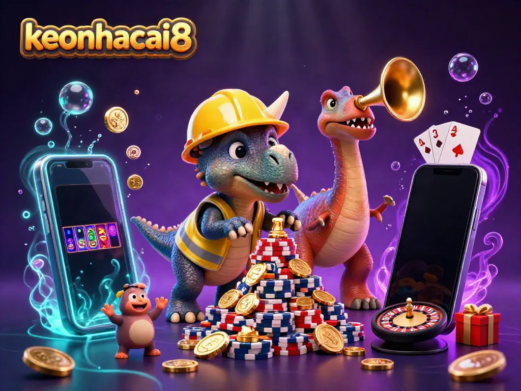 The colorful 3D scene showcases keonhacai8 with a triceratops and a parasaurolophus among casino elements, celebrating gaming.