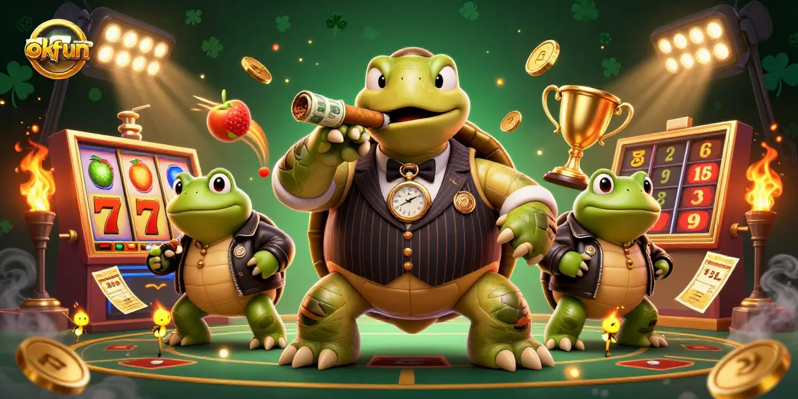 Spin slot games at okfun with a vivid 3D scene featuring a turtle mobster and dynamic casino elements.