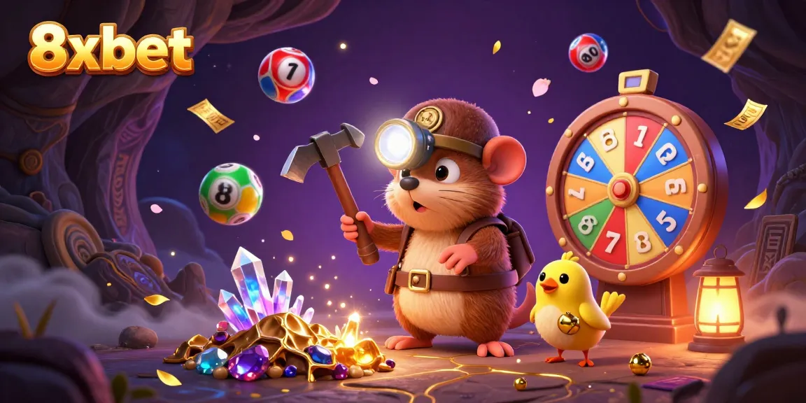 8xbet players engaging with a vibrant prize wheel and colorfully dynamic lottery elements in a lively online gaming scene.