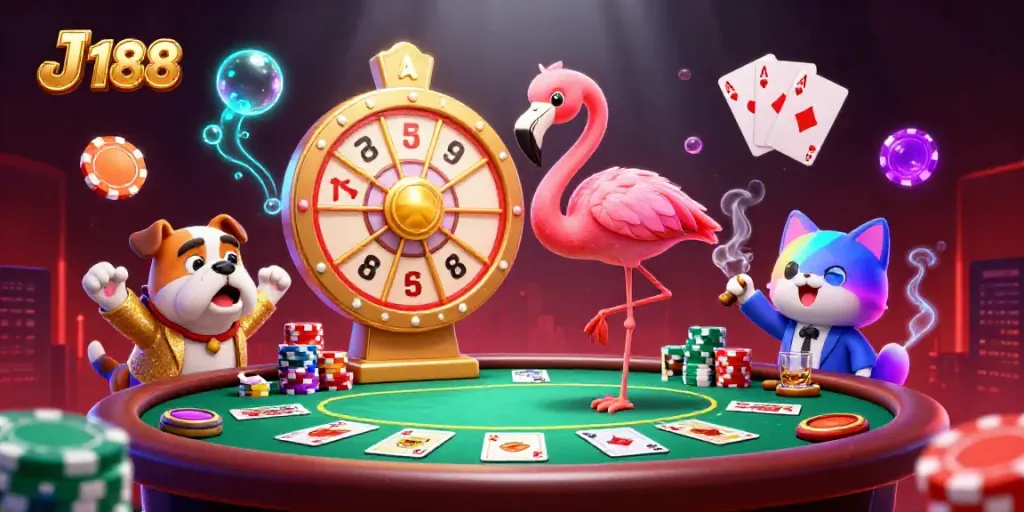 Experience thrilling moments at J 188 with an energetic game scene showcasing colorful poker elements and a dynamic prize reveal.