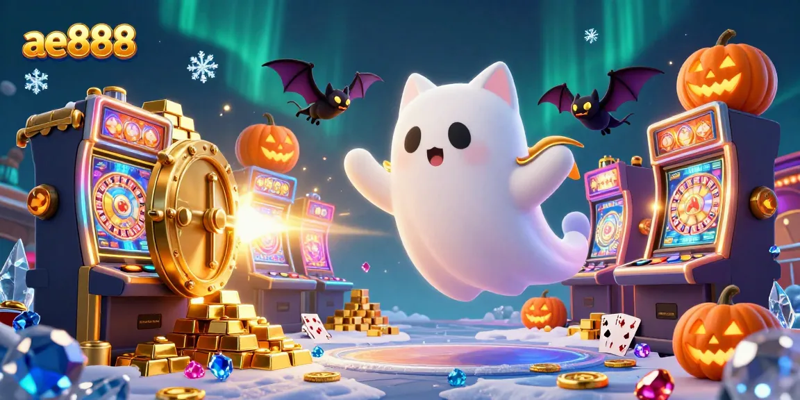 A 3D illustration of a friendly ghost cat and vampire bat playing in a vibrant casino, enhancing the ae888 gaming experience.