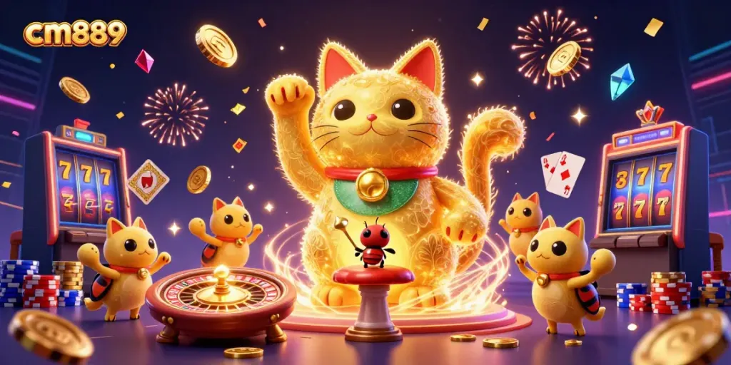 Experience excitement with the cm889 lucky cat, surrounded by casino symbols and sparkling visuals.