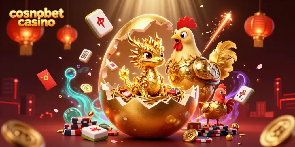 Experience excitement at cosmobet casino with this vibrant 3D illustration of a golden dragon and poker chips.