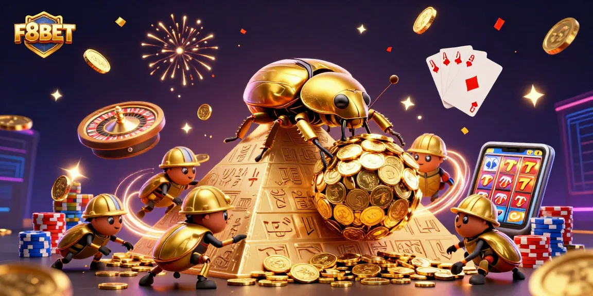 Join F8BET's thrilling gaming adventure with unique golden beetles and casino symbols!