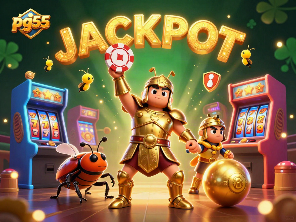 Experience the excitement of pg55 as the heroic beetle celebrates a jackpot win surrounded by vibrant casino elements.