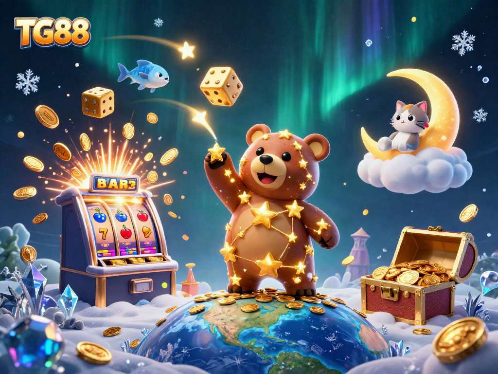 Win big with TG88 in this vibrant 3D casino scene filled with exciting game elements and characters.
