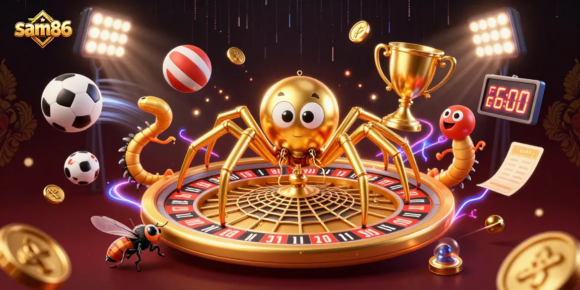 Engage with sam86 action as a nervous fly bets on a roulette web spun by a golden spider, symbolizing thrilling gaming.