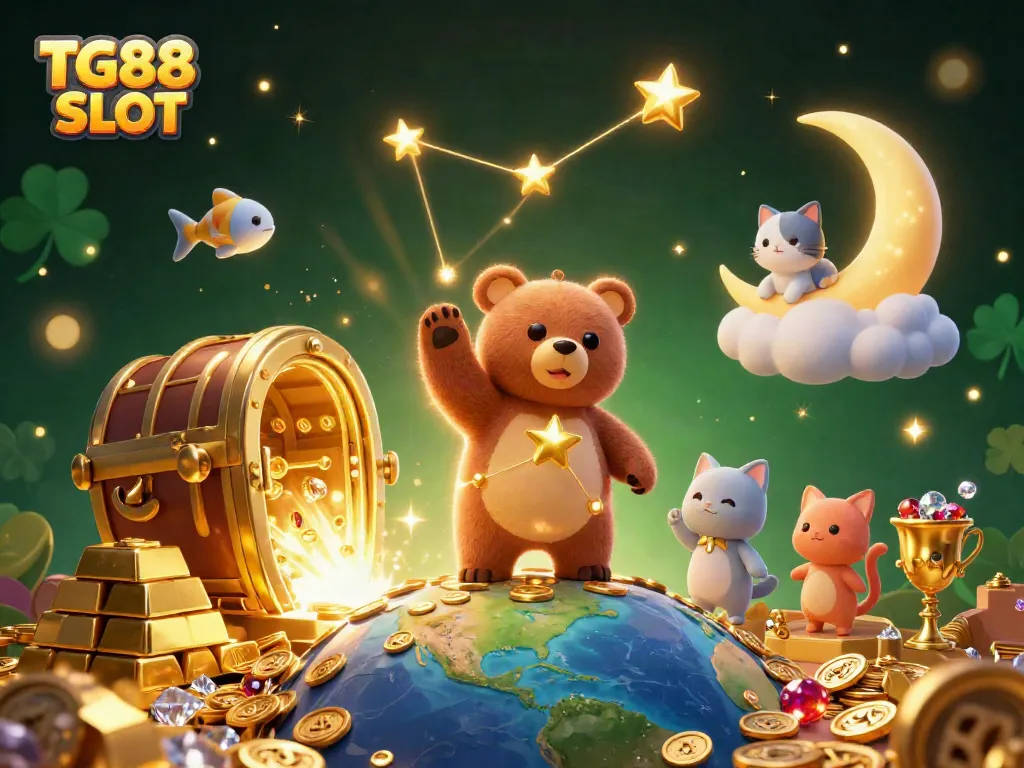 Experience the thrill of winning at TG88 SLOT with vibrant casino elements and a dynamic 3D illustration.