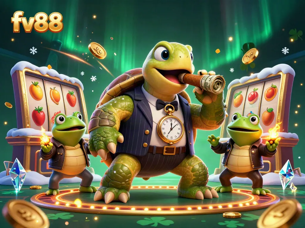 Experience thrilling gameplay at fv88 with a 3D cartoon turtle and bullfrogs surrounded by animated casino elements.
