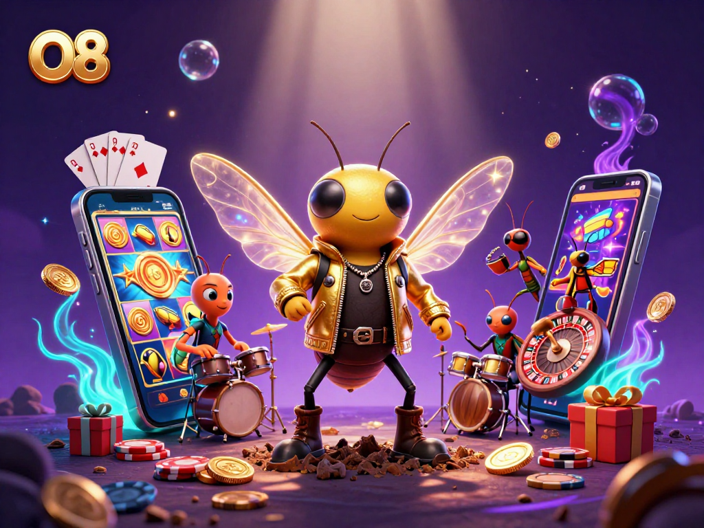 O8 brings excitement with a vibrant 3D casino scene featuring a rock star cicada and his cheering crew.