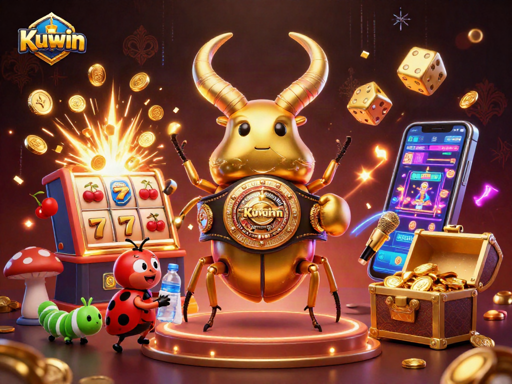 Kuwin casino jackpot scene featuring vibrant characters, slot machines, and coins bursting with excitement