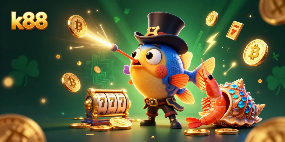 Play exciting games at k88 with a vibrant scene featuring an anglerfish, shrimp, and snail surrounded by coins and gambling elements.