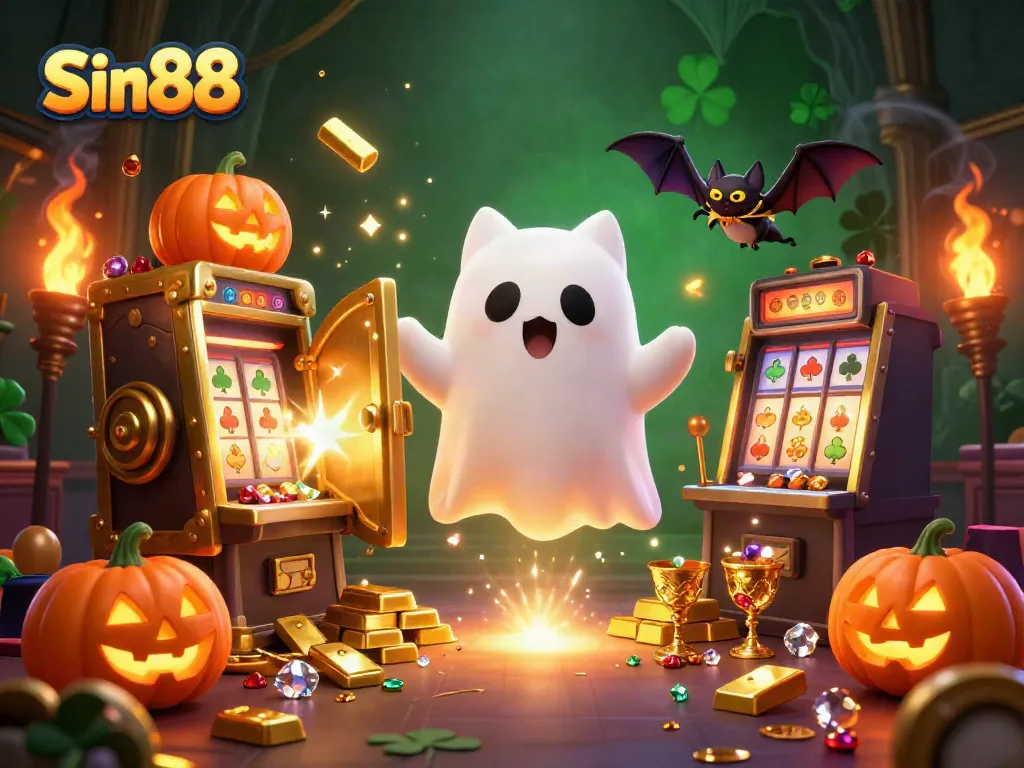 Experience thrilling gameplay at Sin88 with a friendly ghost cat in a vibrant haunted casino scene.