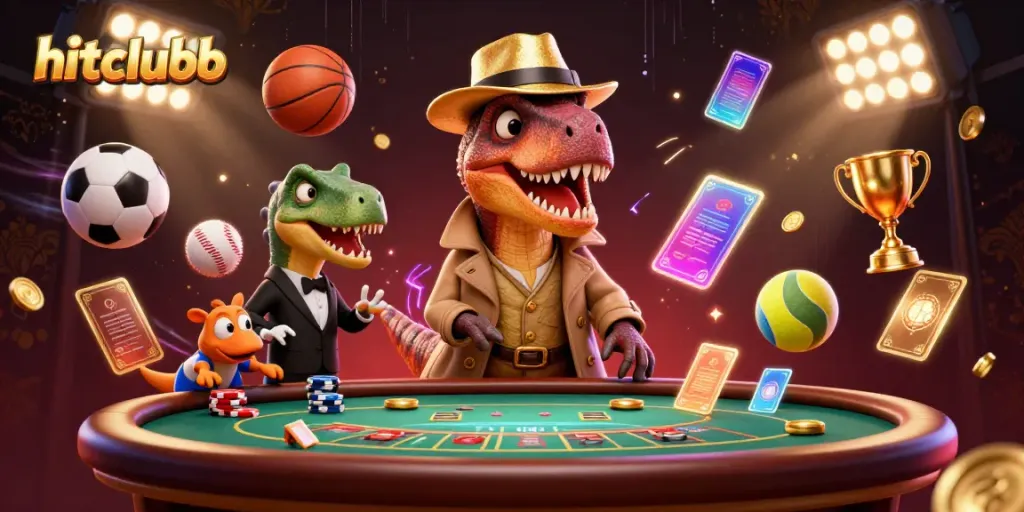 A cartoon velociraptor at the blackjack table promoting hitclubb, with sports betting elements and a dynamic casino environment.