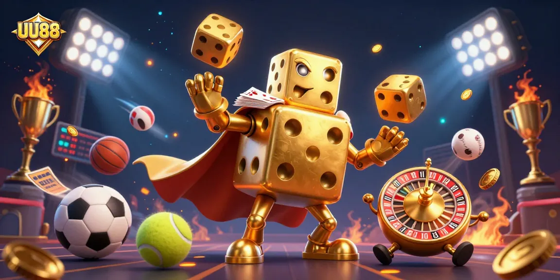 UU88 game illustration with golden dice and sports elements showcasing thrilling betting action