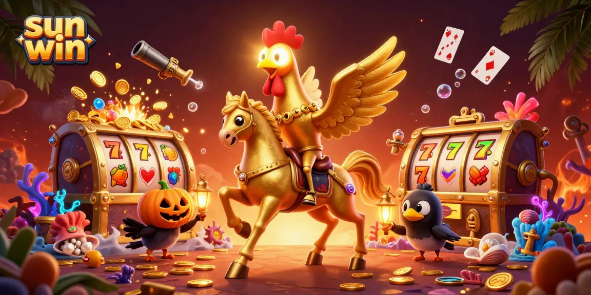 Experience thrilling gaming at sun win with a golden rooster in a vibrant casino scene.