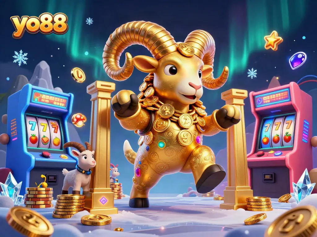 Embark on thrilling gaming adventures with yo88, featuring a golden ram charging at endless casino treasures.