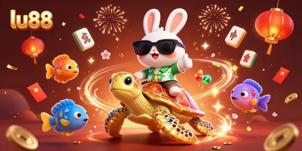 Celebrate wins at lu88 with lucky rabbit and sea turtle in rich casino-themed illustration