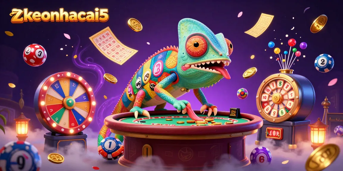 Experience thrills at zkeonhacai5 as the chameleon casino owner collects golden coins amidst colorful lottery excitement.