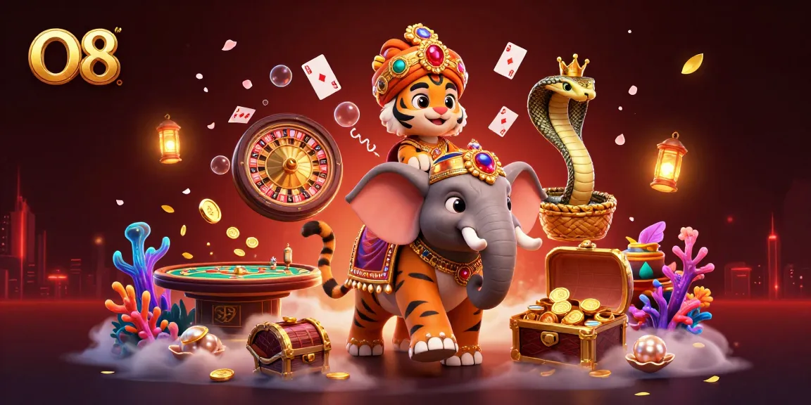 Play casino games with O8 in a vibrant, immersive 3D scene featuring a maharaja tiger and elephants.