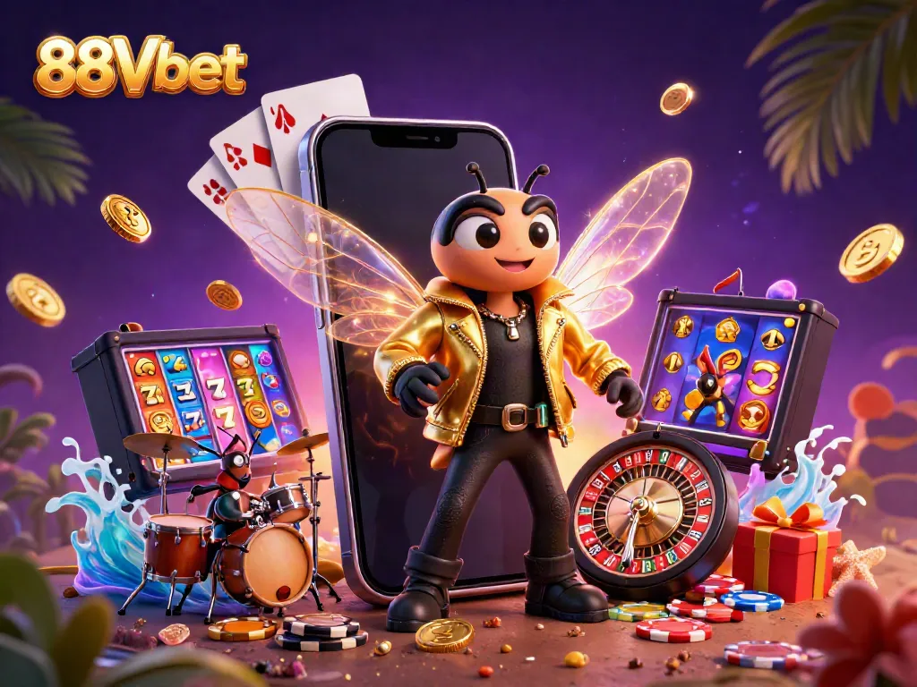 88Vbet casino image featuring a rock star cicada, beetle drummer, and mobile slot game with vibrant elements.
