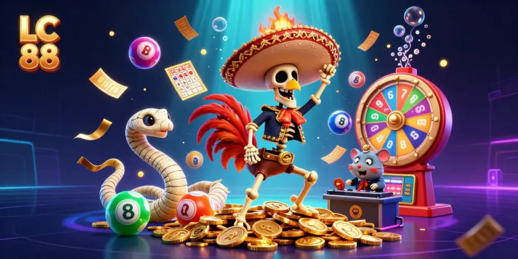 Experience the vibrant celebration of LC 88 with a jubilant mariachi rooster, colorful lottery balls, and golden prizes captivating players.