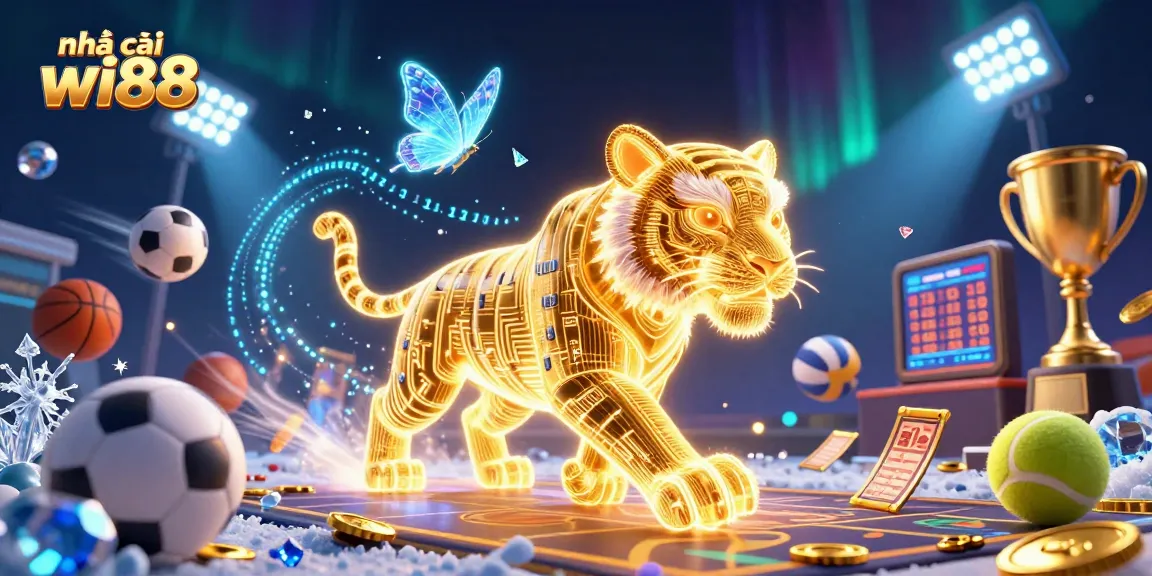 The vibrant scene showcases nhà cái wi88 with a dynamic golden tiger in a digital casino, featuring sports balls, trophies, and coins.