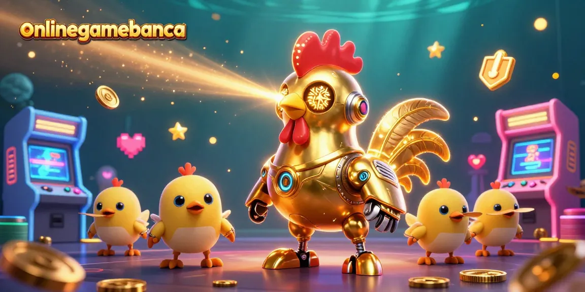 Experience onlinegamebanca's vibrant cartoon casino world with a golden rooster shooting lasers and gaming elements.
