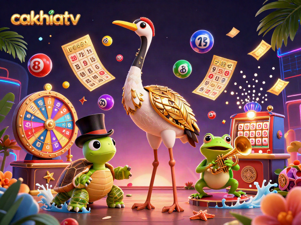 Interact with vibrant games at cakhiatv with colorful lottery balls and lively casino characters.