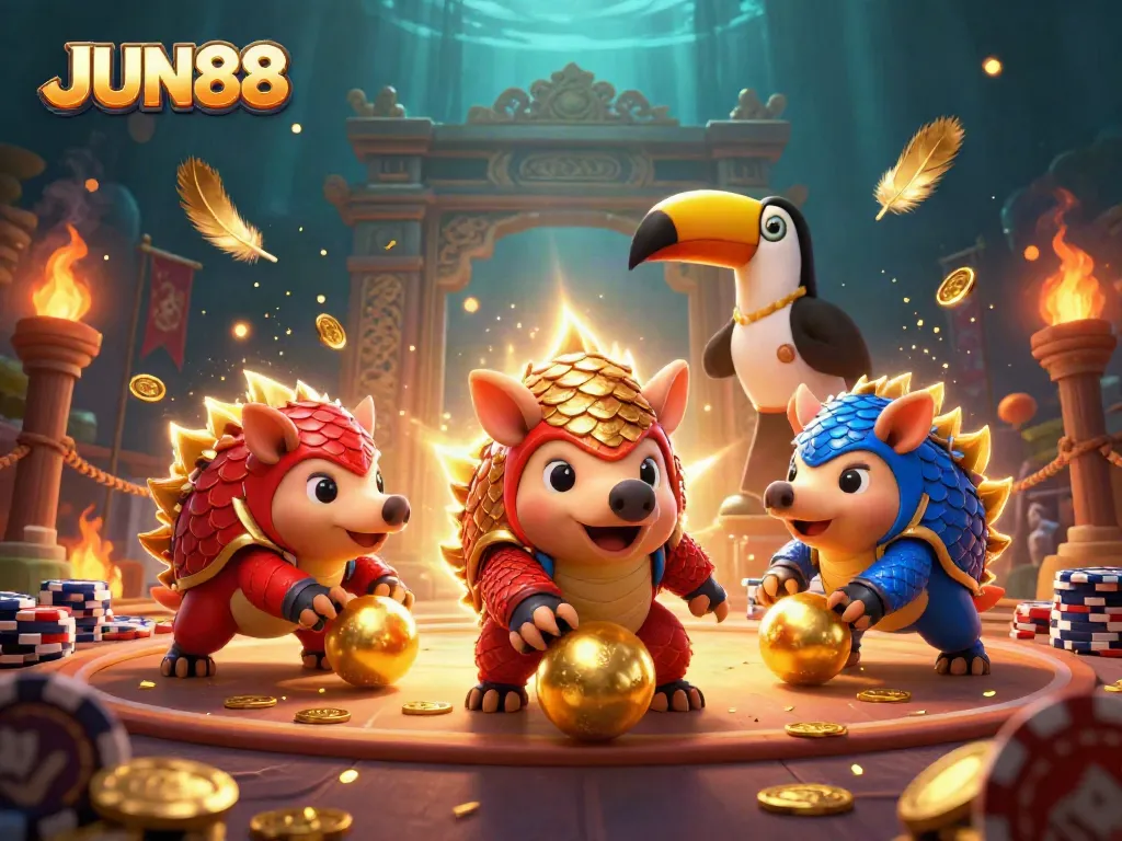 Engage in the JUN88 casino adventure with rival pangolins battling over golden poker chips.